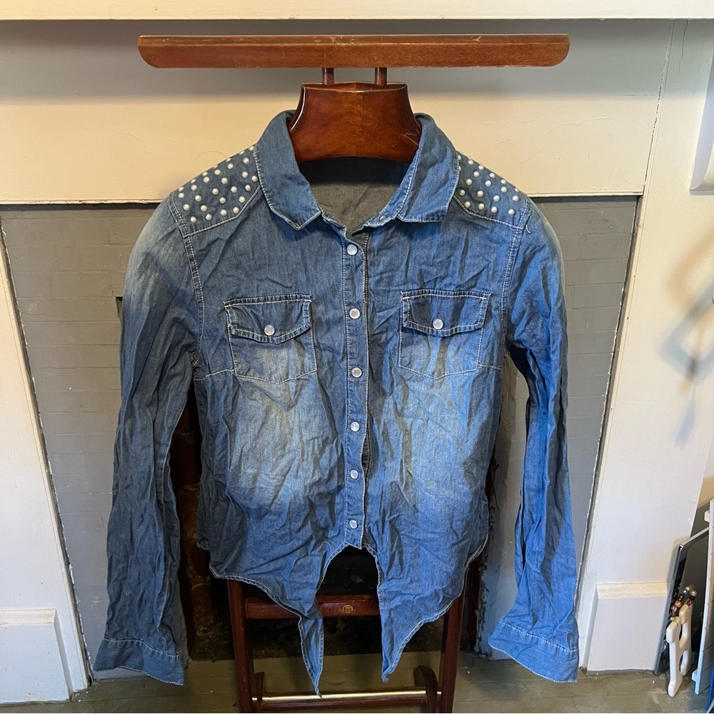Charlotte Russe Blue Denim Jacket with Studded Shoulders